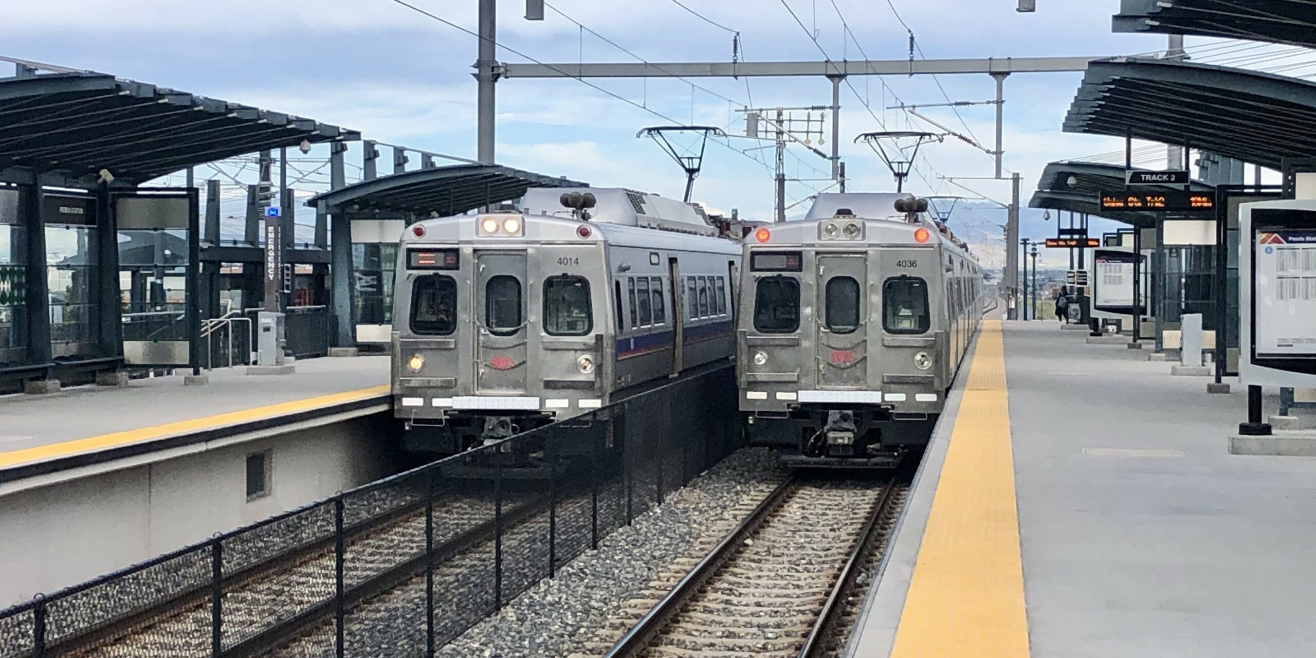 A Line trains at 40th & Colorado Station.