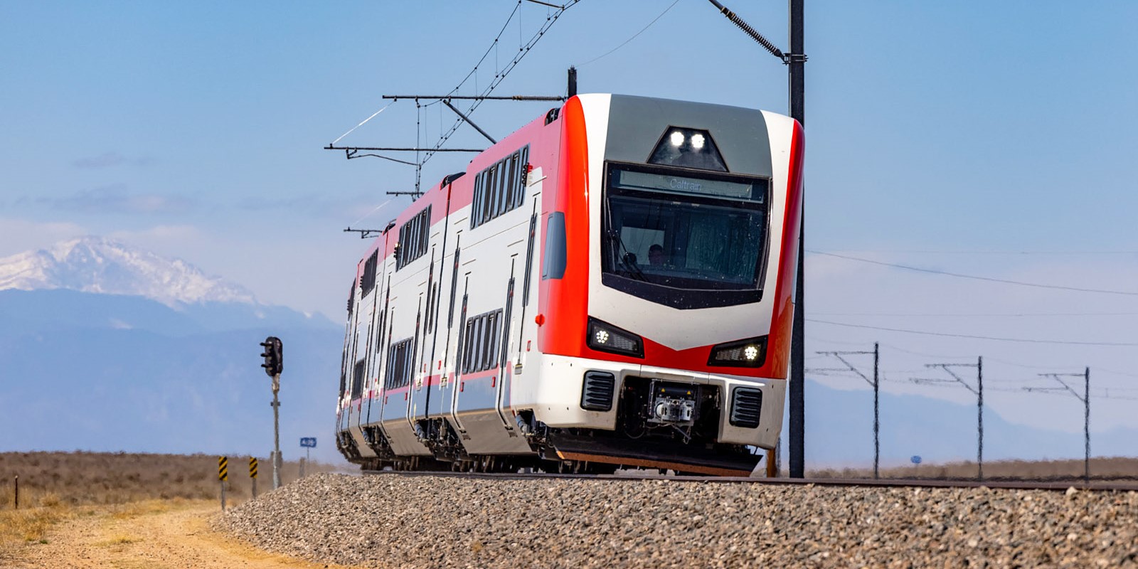 A Stadler KISS EMU train on test in Pueblo, Colorado.