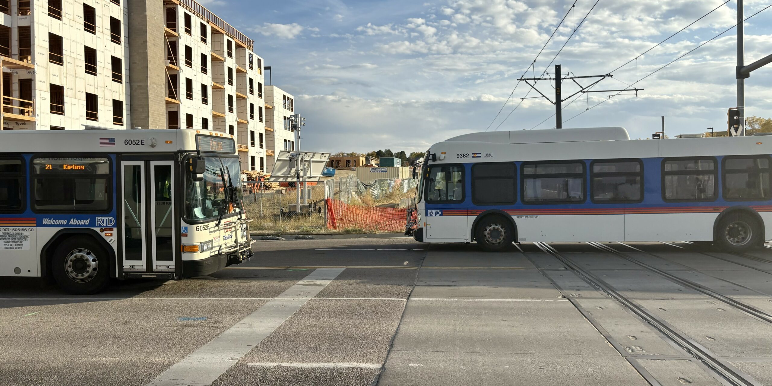 RTD buses crossing the R Line at Aurora Metro Center.