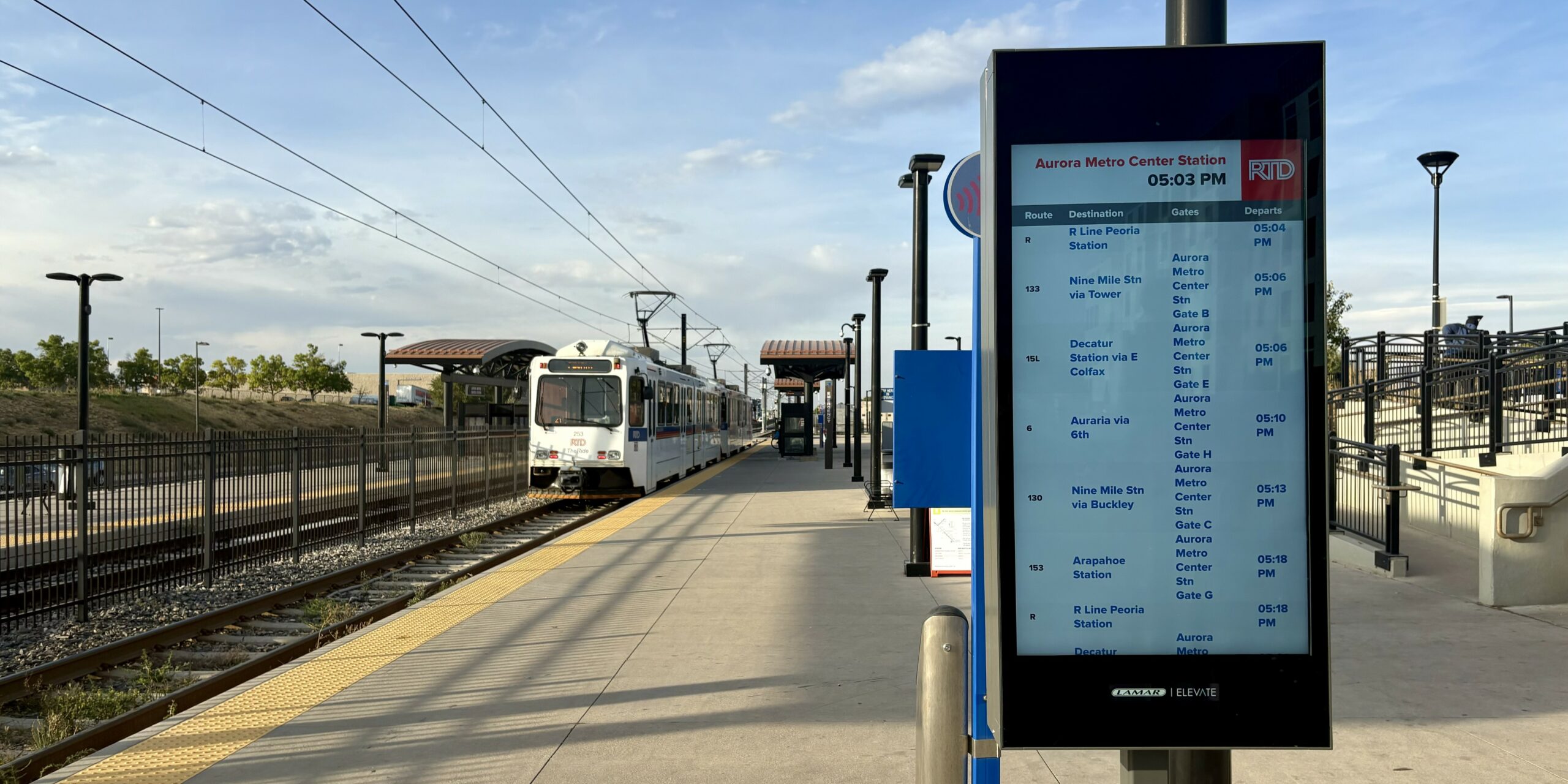 R Line train at Aurora Metro Center Station.