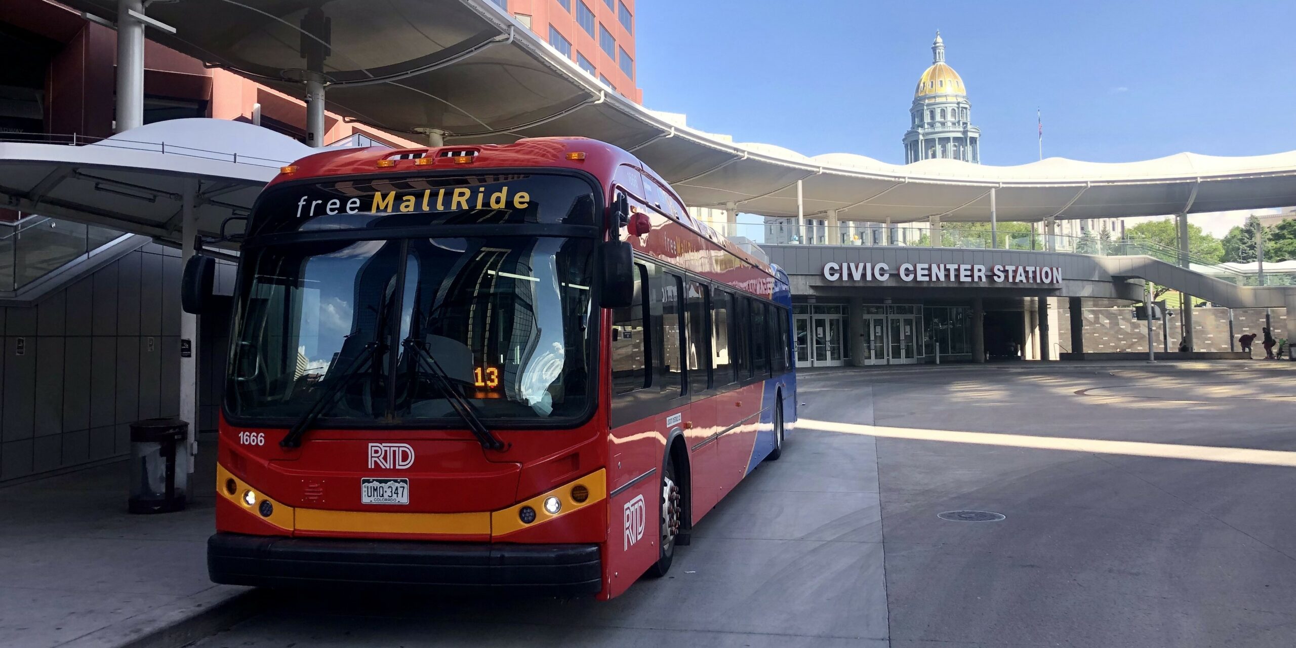 Free MallRide bus at Civic Center Station, Downtown Denver.